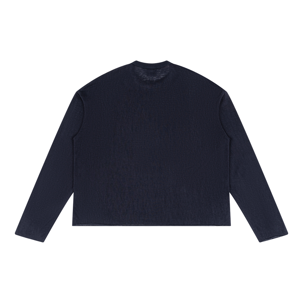 Back view of plain navy blue raw-edge long sleeve