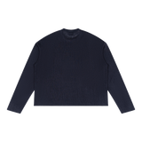 Back view of plain navy blue raw-edge long sleeve