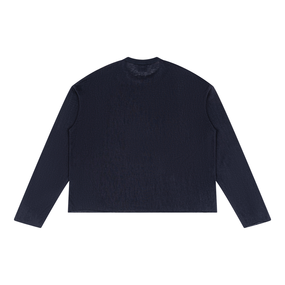 Back view of plain navy blue raw-edge long sleeve