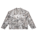 Front view of tree-camouflage waffle long sleeve with white MIROLYUB Cyrillic wordmark