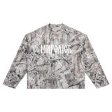Front view of tree-camouflage waffle long sleeve with white MIROLYUB Cyrillic wordmark