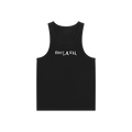 Front view of black fitted tank with white Pizdets Cyrillic lettering