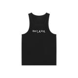 Front view of black fitted tank with white Pizdets Cyrillic lettering