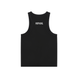 Back view of black fitted tank with white MIROLYUB Cyrillic wordmark