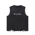 Front view of washed black raw-hem tank with distressed lower edges and white Pizdets Cyrillic lettering