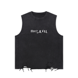 Front view of washed black raw-hem tank with distressed lower edges and white Pizdets Cyrillic lettering
