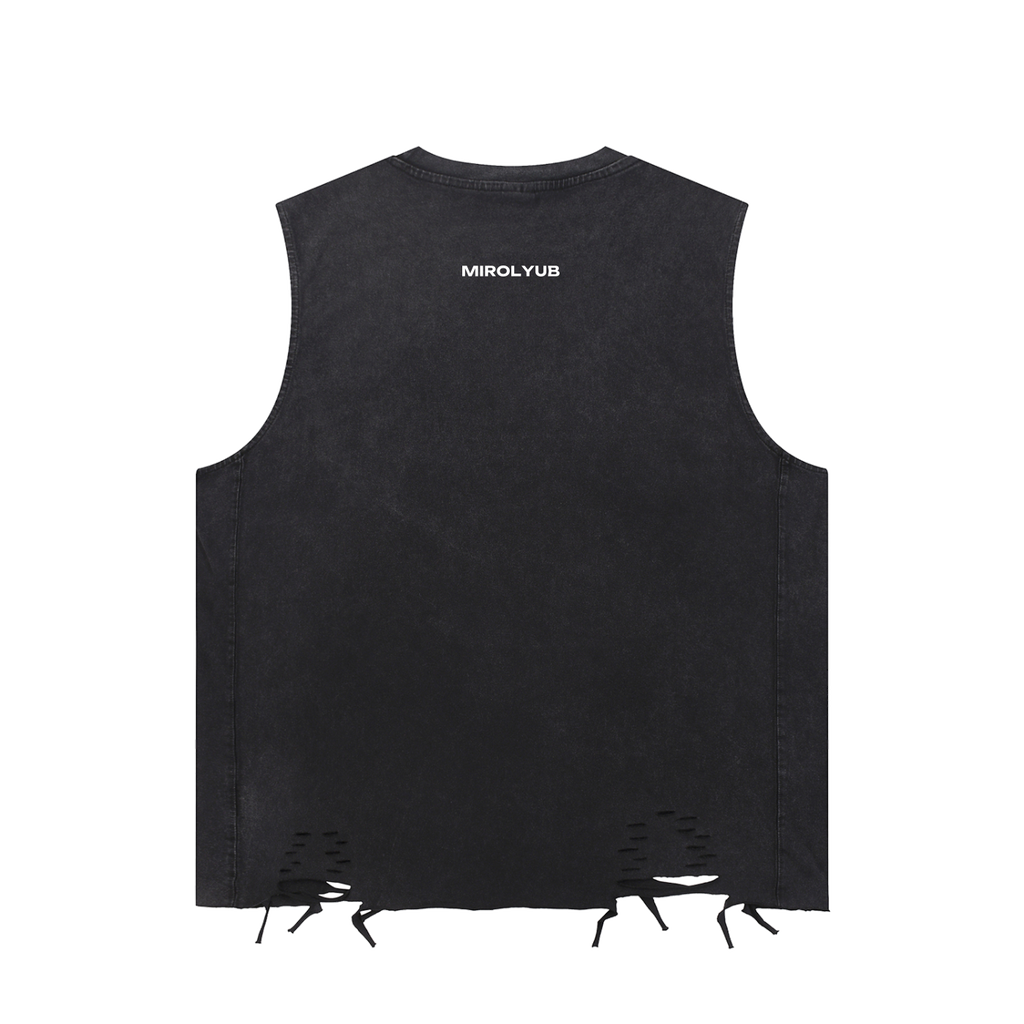 Back view of washed black raw-hem tank with distressed lower edges and small white MIROLYUB lettering