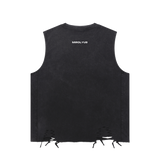 Back view of washed black raw-hem tank with distressed lower edges and small white MIROLYUB lettering