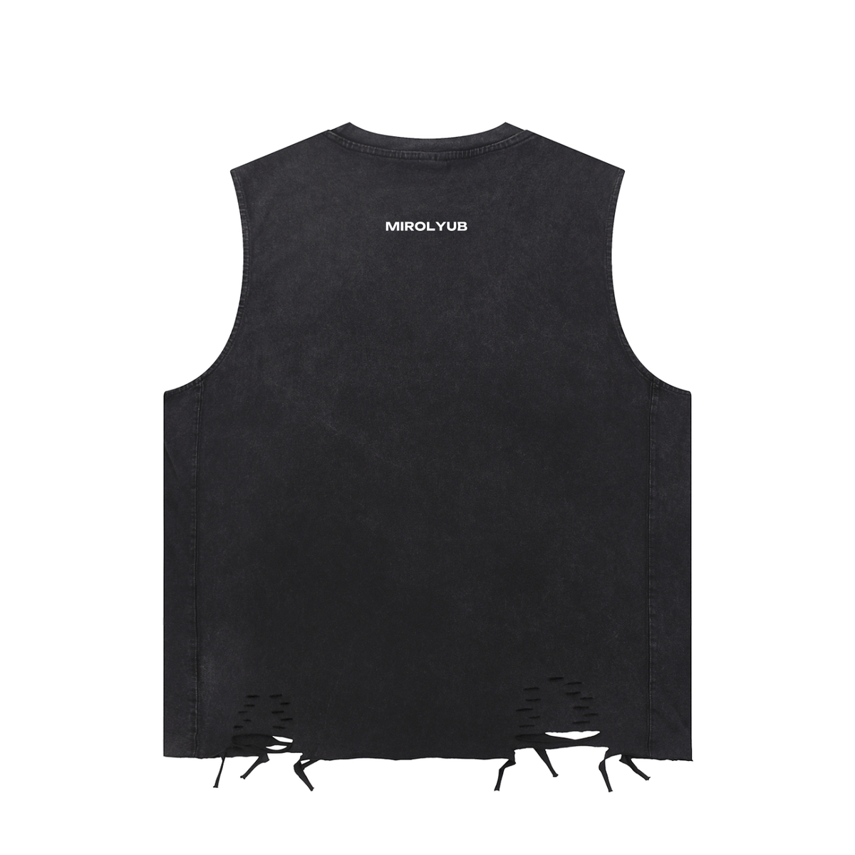 Back view of washed black raw-hem tank with distressed lower edges and small white MIROLYUB lettering