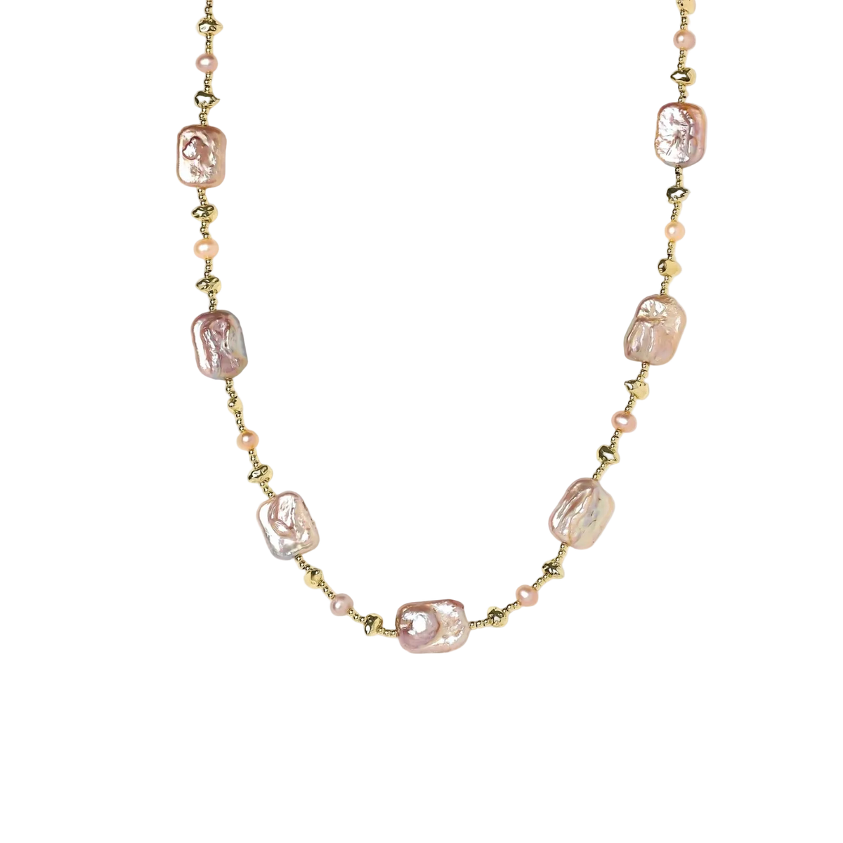 Rumenka necklace detail with pink baroque freshwater pearls, small round pearls and gold-plated beads