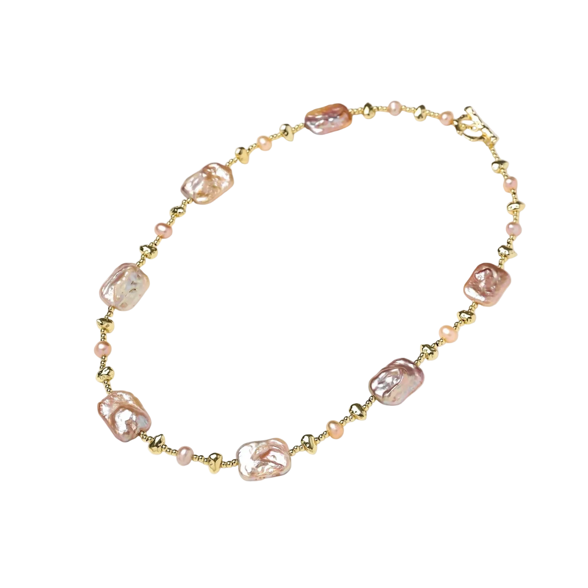 Angled full view of Rumenka pink freshwater pearl necklace with gold-plated beads and a toggle clasp