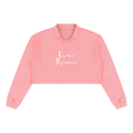 Front view of pink collared cropped sweatshirt with white Suchka Krashena Cyrillic lettering