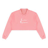 Front view of pink collared cropped sweatshirt with white Suchka Krashena Cyrillic lettering