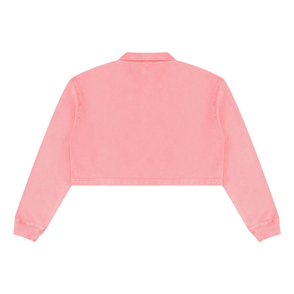 Back view of plain pink collared cropped sweatshirt