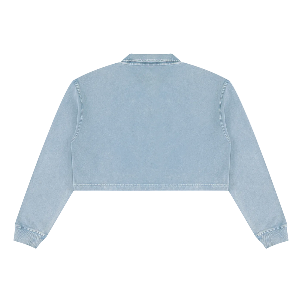 Back view of plain Gray Blue collared cropped sweatshirt