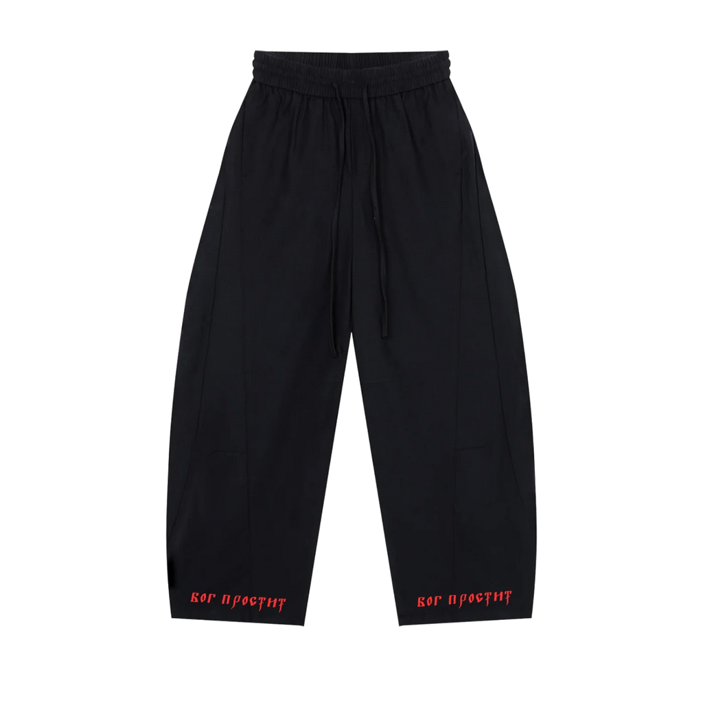 Black MIROLYUB wide-leg drawstring pants with red hem lettering, front view.