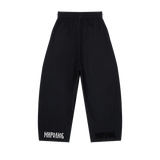 Black MIROLYUB wide-leg drawstring pants with wordmarks at the hems, back view.