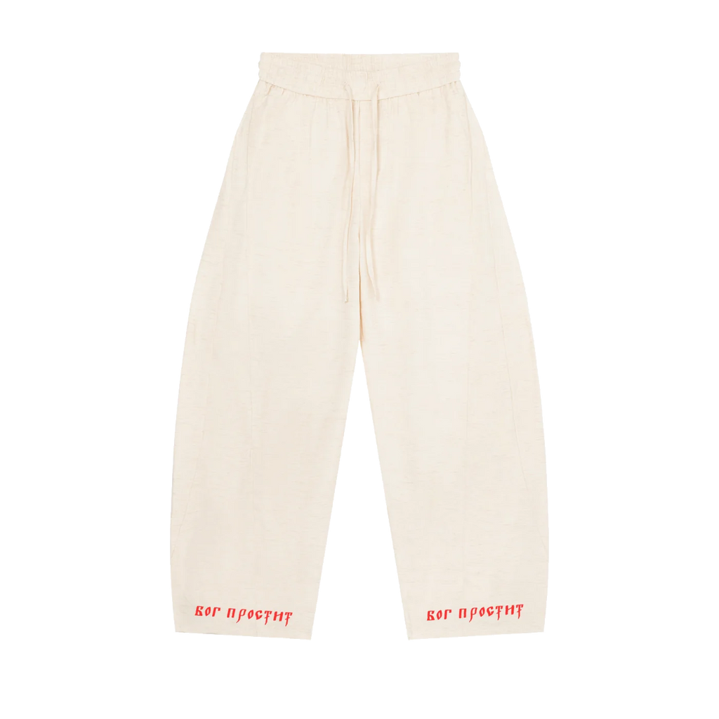 Cream MIROLYUB wide-leg drawstring pants with red hem lettering, front view.
