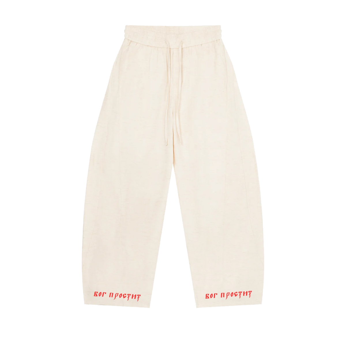 Cream MIROLYUB wide-leg drawstring pants with red hem lettering, front view.