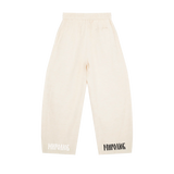 Cream MIROLYUB wide-leg drawstring pants with wordmarks at the hems, back view.
