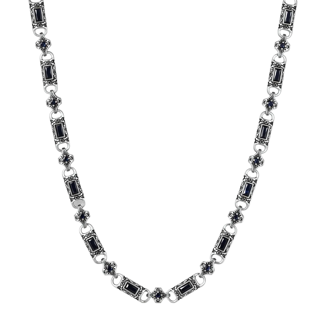 Vladislav necklace front detail with dark blue cubic zirconia and engraved antique silver-plated links