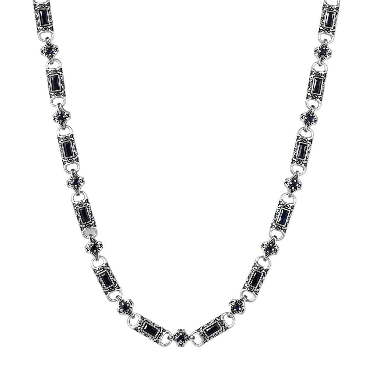 Vladislav necklace front detail with dark blue cubic zirconia and engraved antique silver-plated links