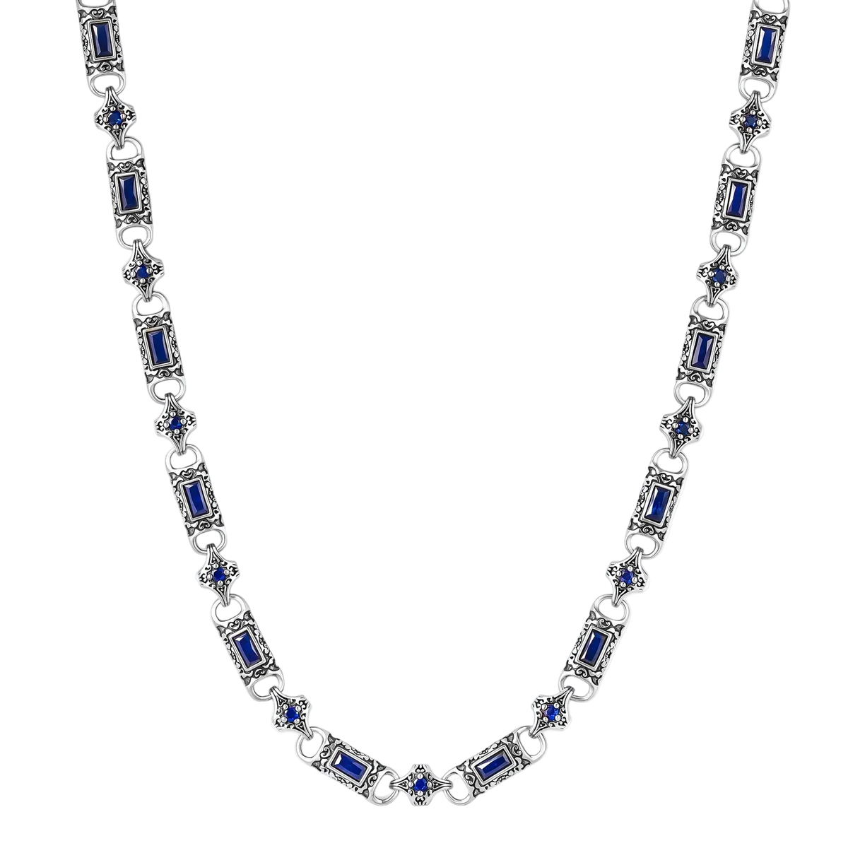 Vladislav necklace front detail showing blue cubic zirconia in rectangular and round engraved link settings
