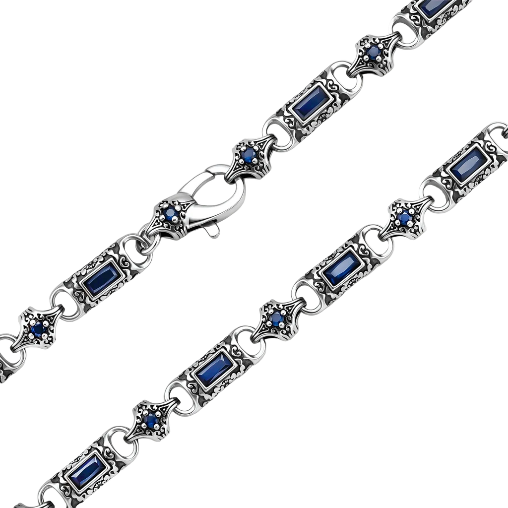 Vladislav necklace clasp detail with blue cubic zirconia and engraved antique silver-plated links