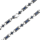 Vladislav necklace clasp detail with blue cubic zirconia and engraved antique silver-plated links