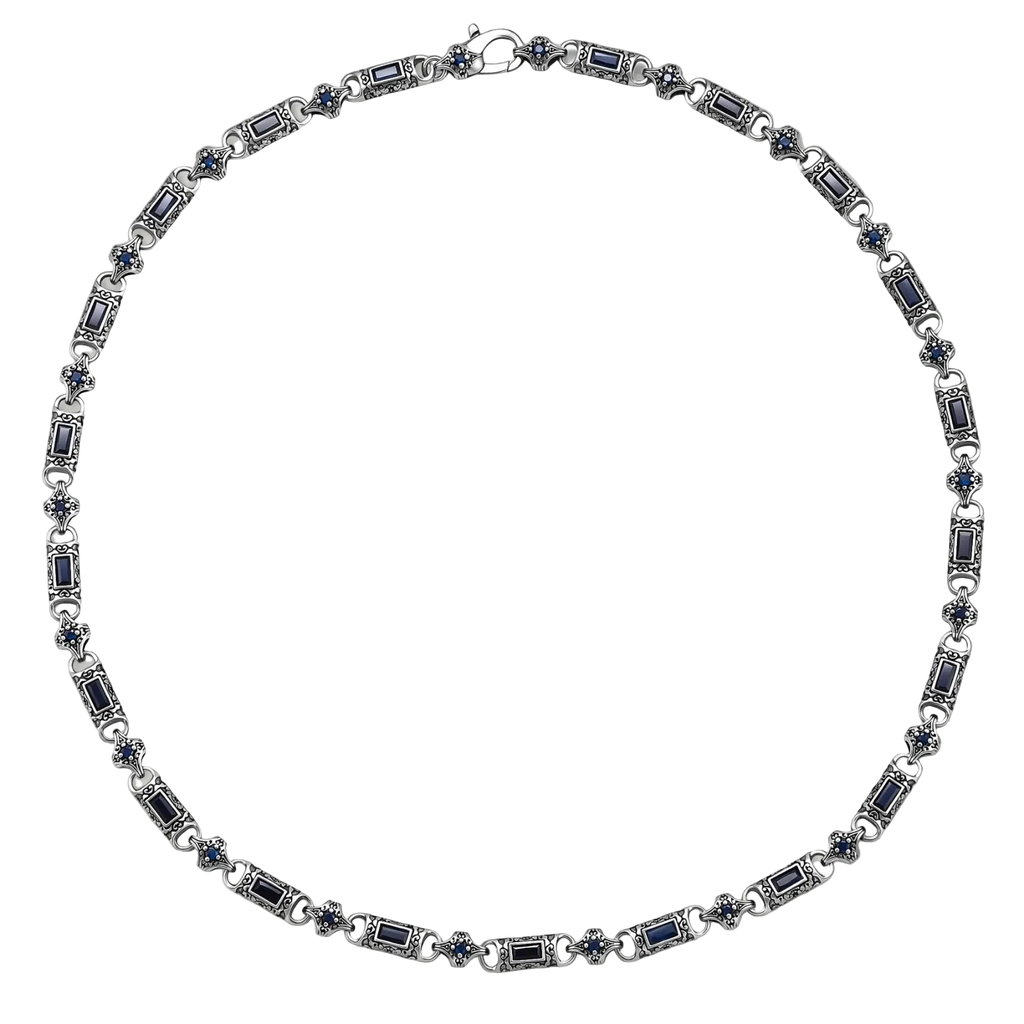Full view of Vladislav necklace with dark blue cubic zirconia, engraved links and a lobster clasp