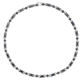Full view of Vladislav necklace with dark blue cubic zirconia, engraved links and a lobster clasp