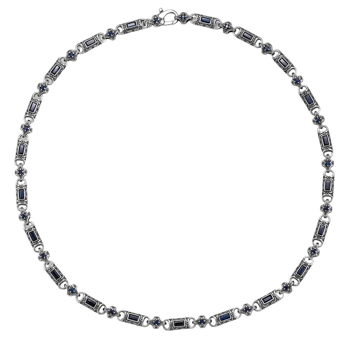 Full view of Vladislav necklace with dark blue cubic zirconia, engraved links and a lobster clasp