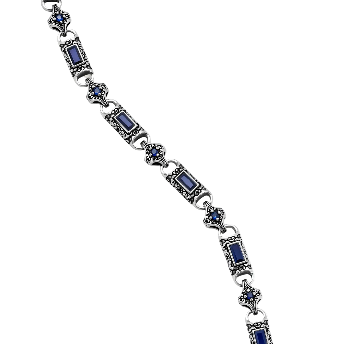 Close-up of Vladislav necklace showing blue cubic zirconia in rectangular and round link settings