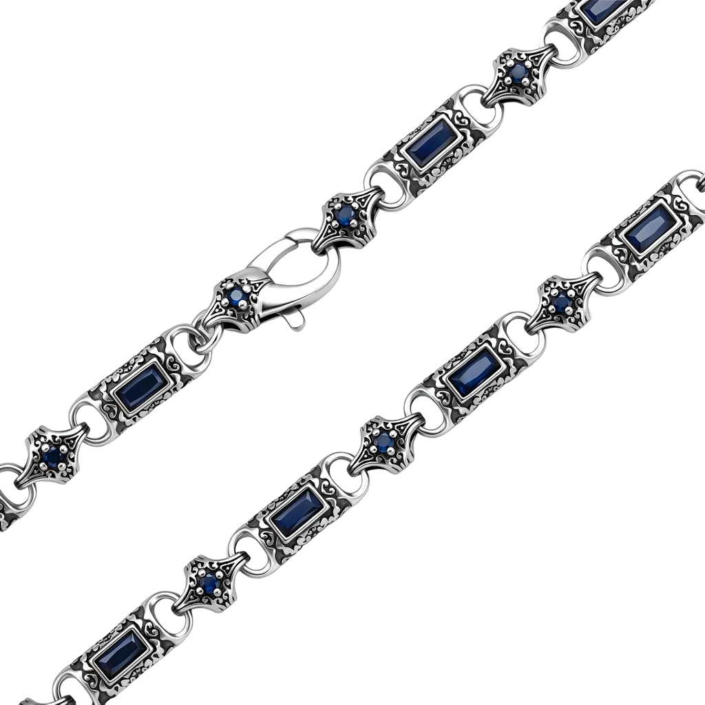 Vladislav necklace clasp close-up with dark blue cubic zirconia and engraved silver-plated links