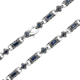 Vladislav necklace clasp close-up with dark blue cubic zirconia and engraved silver-plated links
