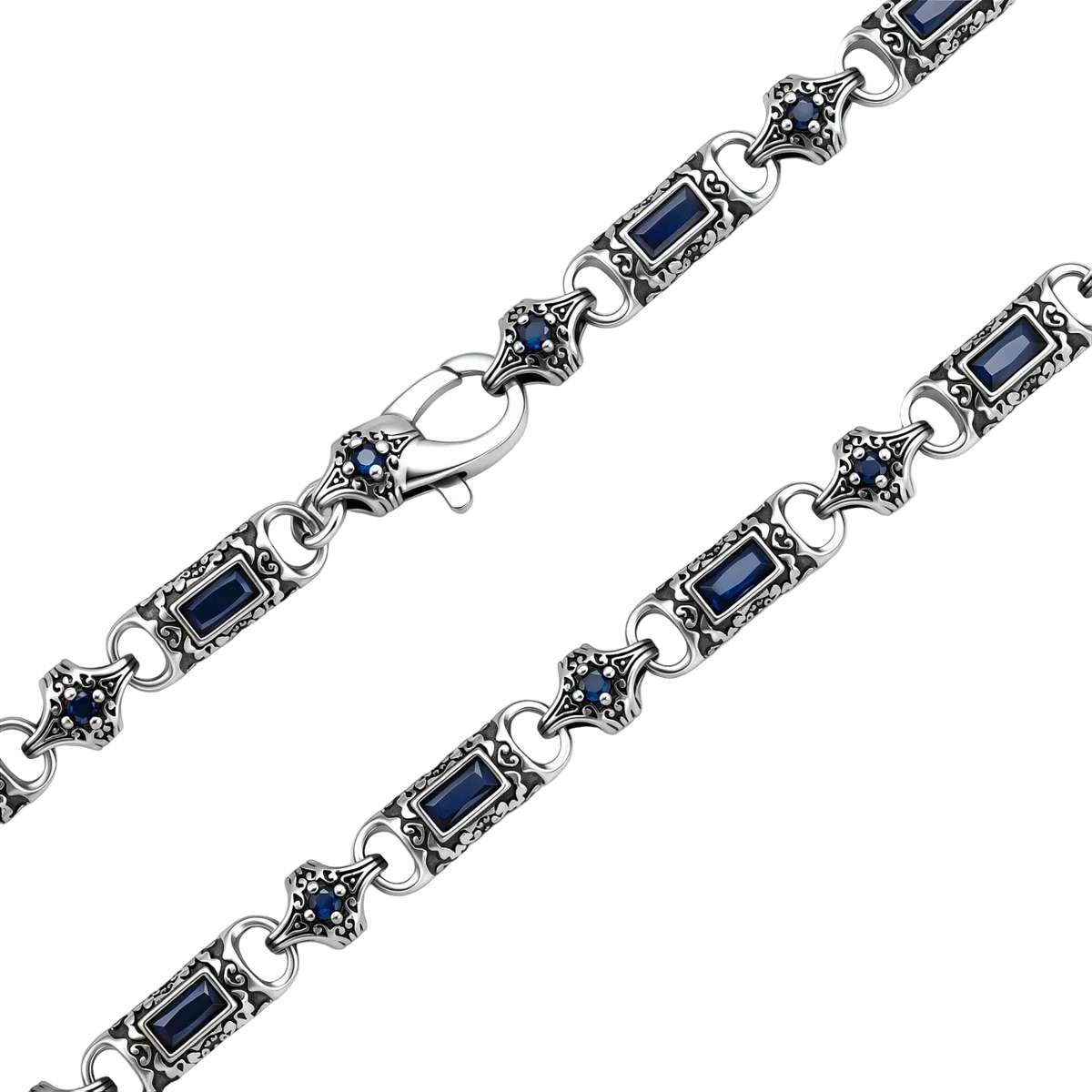 Vladislav necklace clasp close-up with dark blue cubic zirconia and engraved silver-plated links