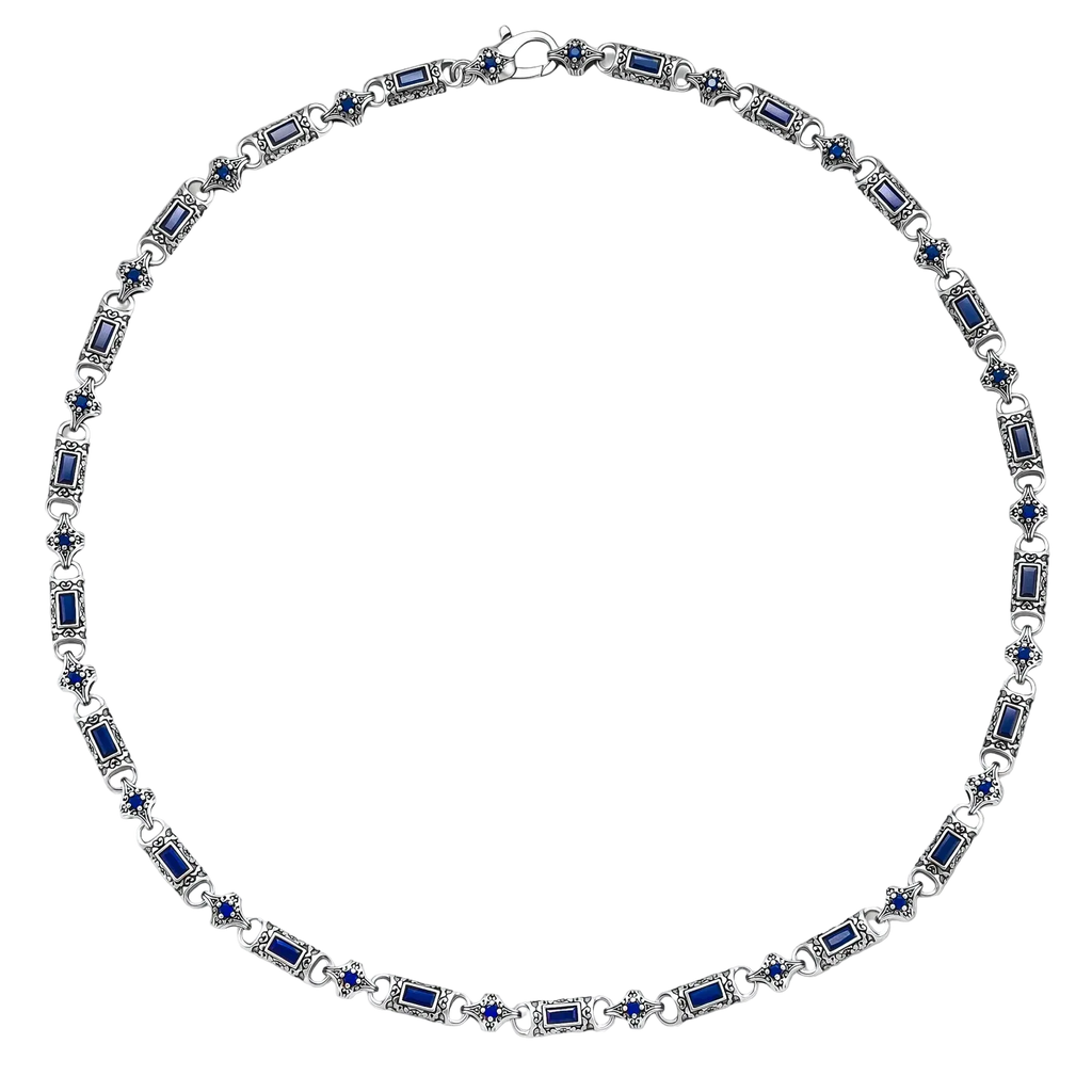 Full view of Vladislav blue cubic zirconia necklace with antique silver-plated links and a lobster clasp