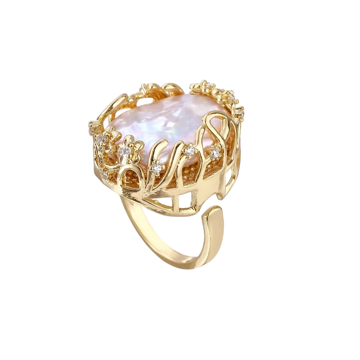 Angled view of Vladislava ring: iridescent baroque pearl in a gold-plated open cage with clear crystal flowers and an adjustable band