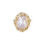 Top view of Vladislava ring showing the oval baroque pearl surrounded by gold-plated branches and clear crystal flowers