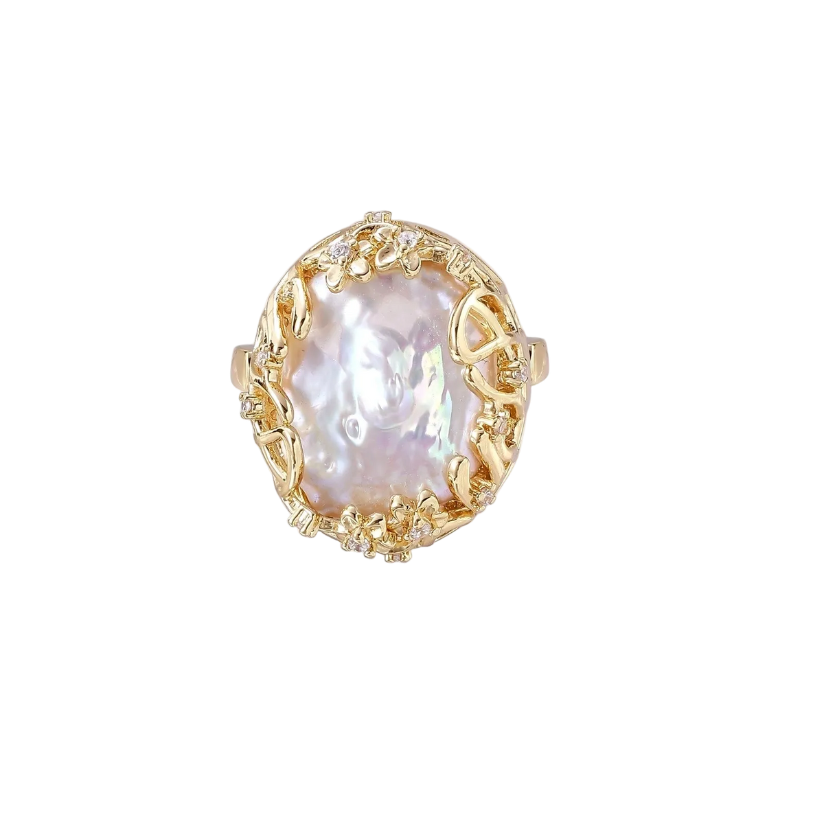 Top view of Vladislava ring showing the oval baroque pearl surrounded by gold-plated branches and clear crystal flowers