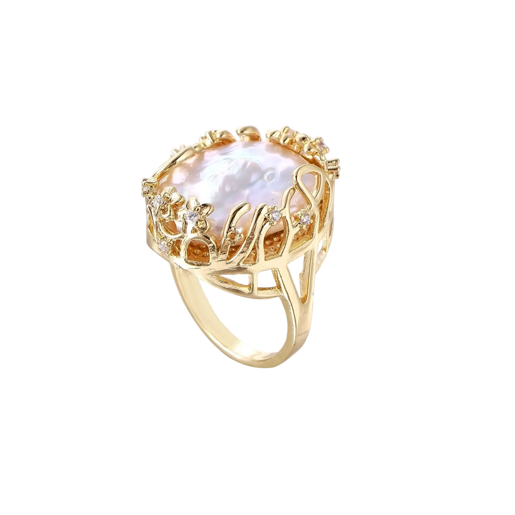 Side view of Vladislava ring showing the raised baroque pearl, open gold-plated setting and curved band