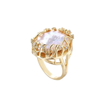 Side view of Vladislava ring showing the raised baroque pearl, open gold-plated setting and curved band