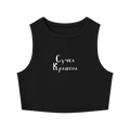 Front view of black fitted crewneck crop tank with white Suchka Krashena Cyrillic lettering