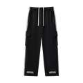 Black MIROLYUB Wordmark side-stripe pants, front view.