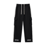 Black MIROLYUB Wordmark side-stripe pants, front view.