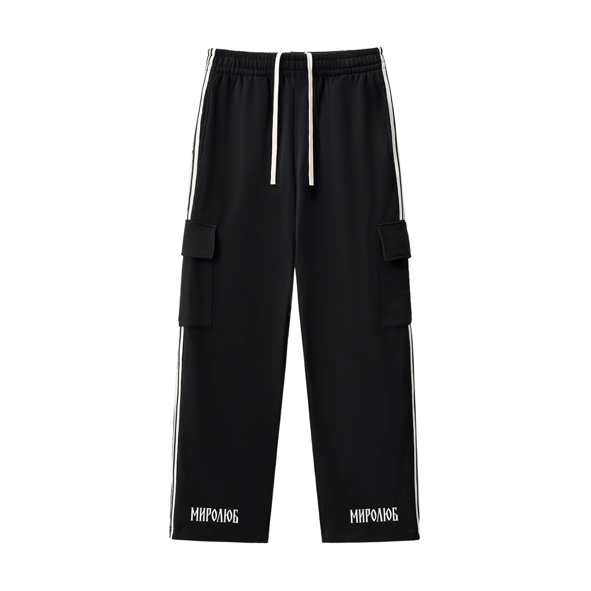 Black MIROLYUB Wordmark side-stripe pants, front view.