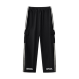 Black MIROLYUB Wordmark side-stripe pants, back view.
