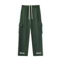 Green MIROLYUB Wordmark side-stripe pants, front view.