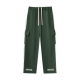 Green MIROLYUB Wordmark side-stripe pants, front view.