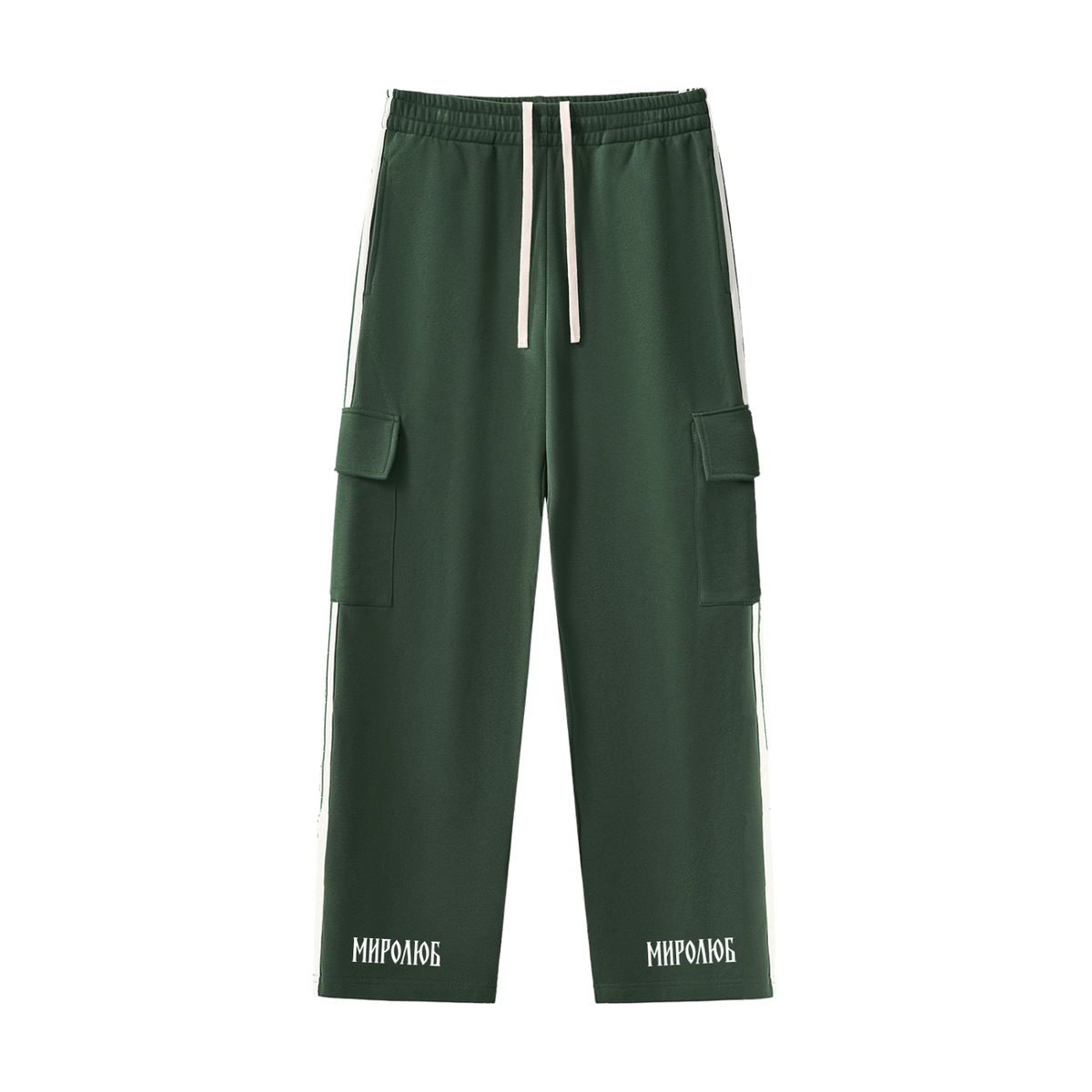 Green MIROLYUB Wordmark side-stripe pants, front view.